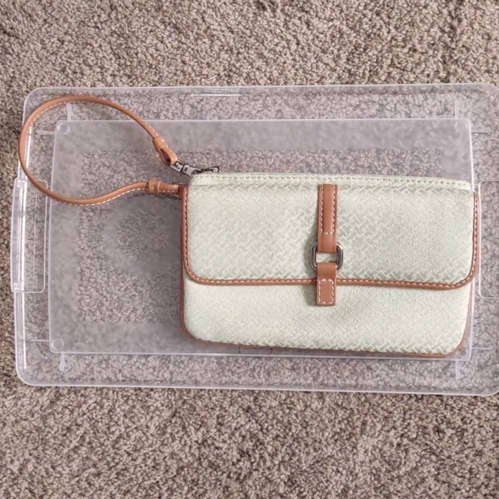Talbot's wristlet / clutch, pastel green with Tan Leather Trim. Like new!